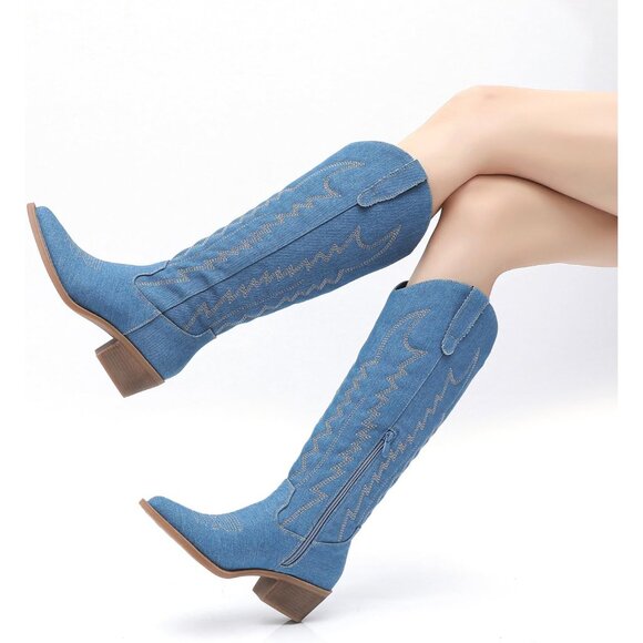 Women's Blue Knee High Long Pointed Toe With Zip Western Cowboy Boots - Picture 2 of 8
